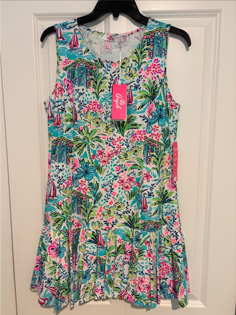 Aryeh Tropical Sailboat Print Sleeveless Dress with pleats and matching shorts.